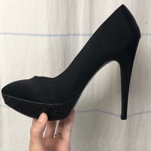 Nina Black Satin Glitter Platform Heels